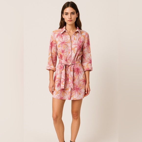ZARA Pink Orange Floral Tropical Linen Blend Shirt Dress Size S - Picture 1 of 10